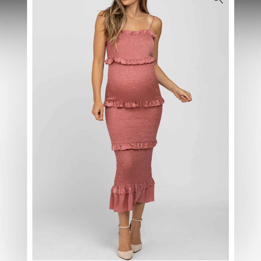 Mauve Satin Smocked Fitted Maternity Midi Dress